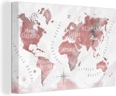 Canvas Wereldkaart - 60x40 - Wanddecoratie Wereldkaart - Verf - Roze