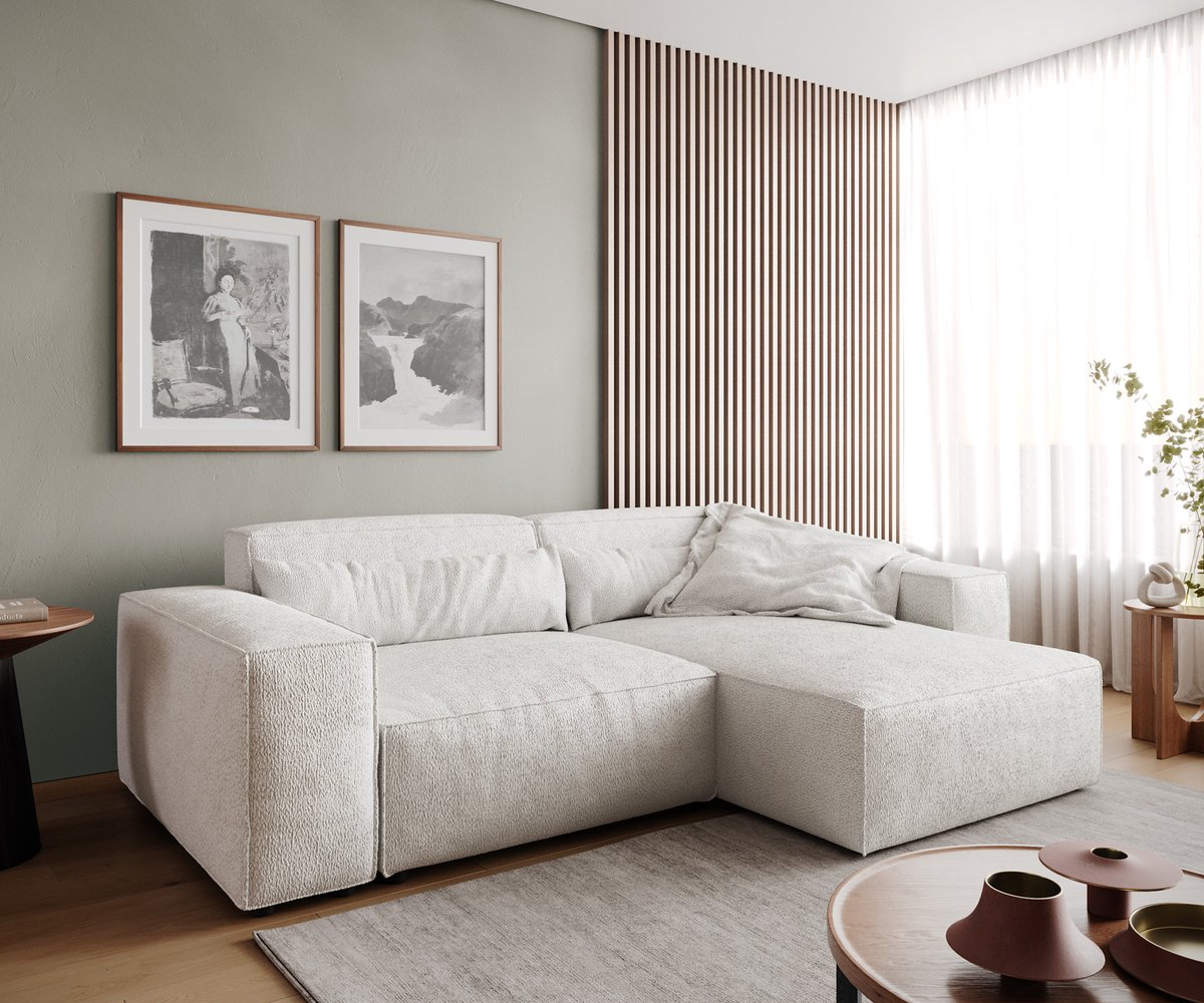 DELIFE Hoekbank Sirpio 230x155 cm bouclee crème-wit recamiere variabele Creme-weiß