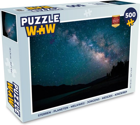 Boîte de puzzle de 500 pièces de la Voie Lactée, étoiles et planètes. Taille 48,5 x 34 cm.