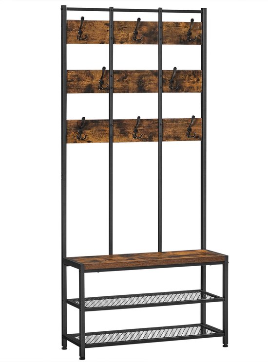 Rootz kapstok - met 8 haken en zitting - 2 planken - metalen frame - industriële stijl - vintage bruin-zwart