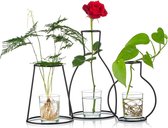 Set van 3 creatieve bloempotten voor het bureau, met glazen bekers, vazen en metalen standaard van ijzer voor waterplanten, bloemstukken decoratie (3 stuks)