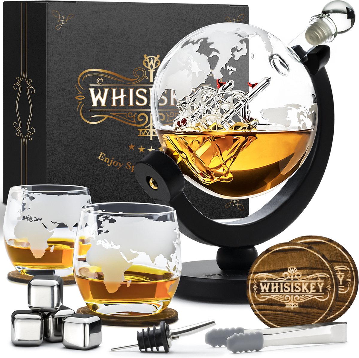 Whisiskey Whiskey Karaf - Wereldbol - Luxe Whisky Karaf Set - 0,9 L - Decanteer karaf - Whiskey Set - Incl. 4 RVS Whiskey Stones, 2 Whiskey Glazen & Extra Accessoires - Moederdag Cadeautje - Moederdag Geschenkset - Whisiskey