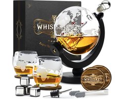 Whisiskey Whiskey Karaf - Wereldbol - Luxe Whisky Karaf Set - 0,9 L - Decanteer karaf - Whiskey Set - Incl. 4 RVS Whiskey Stones, 2 Whiskey Glazen & Extra Accessoires Image