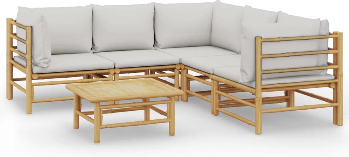 vidaXL 6-delige - Loungeset - met - kussens - bamboe - lichtgrijs