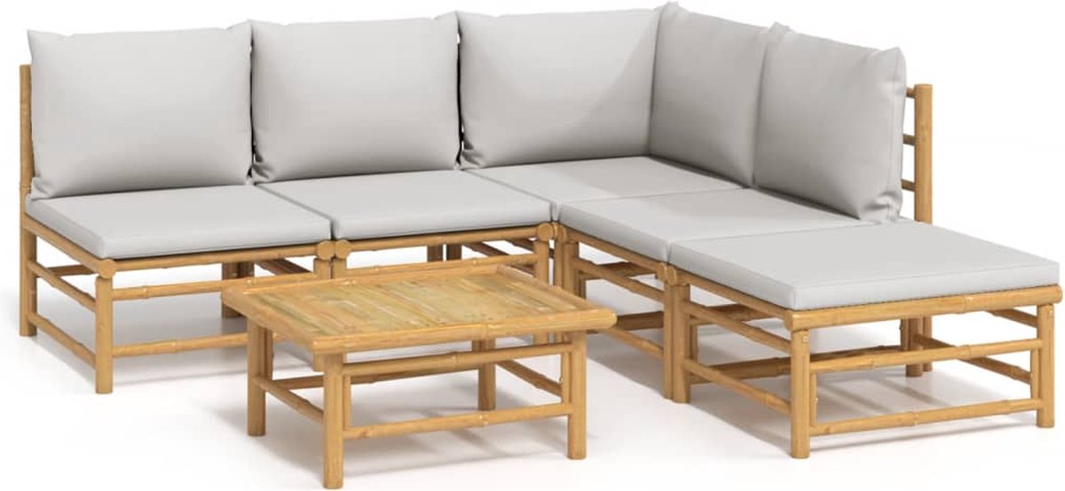 vidaXL 6-delige - Loungeset - met - kussens - bamboe - lichtgrijs