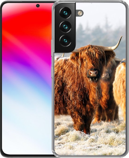 Coque de téléphone compatible avec Samsung Galaxy S22 Plus - Highlanders écossais - Neige - Forêt - Coque en Siliconen