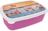 Broodtrommel Roze - Lunchbox - Brooddoos - Vogel - Flamingo - Water - Zonsondergang - Roze - 18x12x6 cm - Kinderen - Meisje
