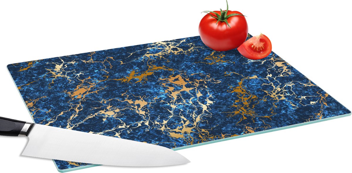 Glazen Snijplank - 39x28 - Marmer - Textuur - Goud - Blauw - Snijplanken Glas
