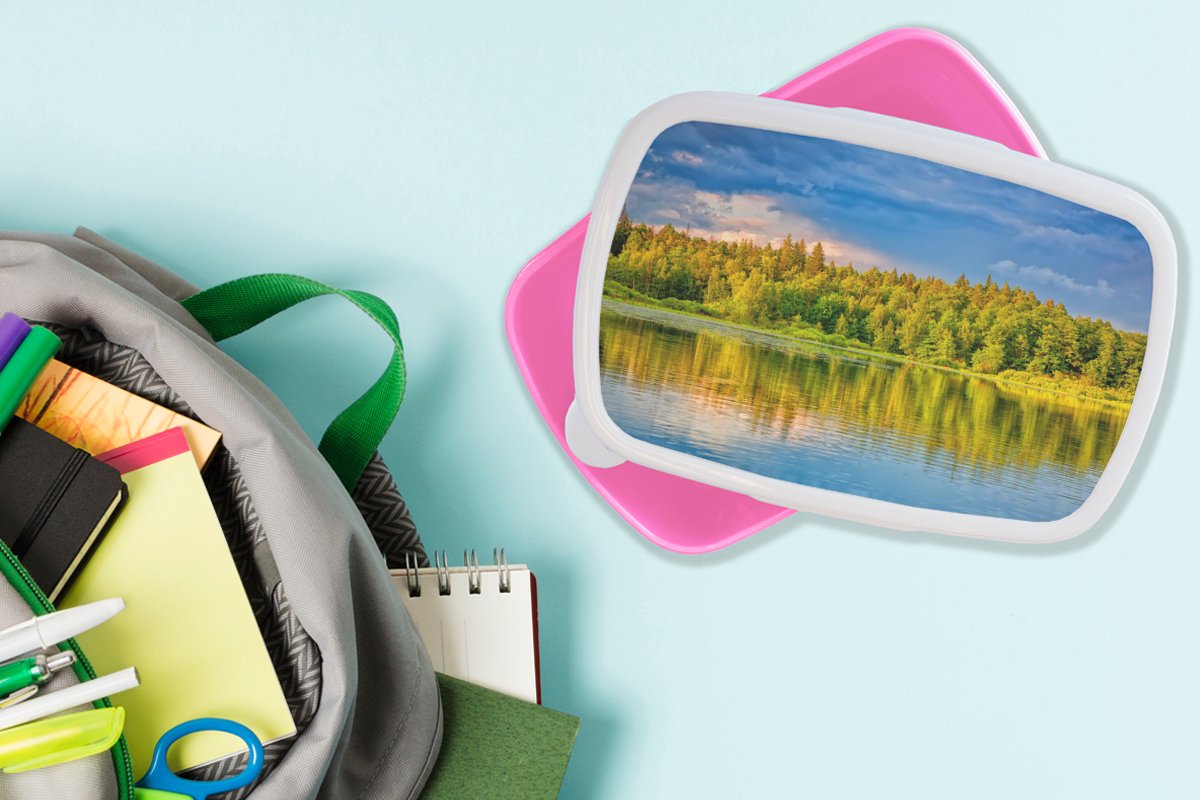 Broodtrommel Roze - Lunchbox - Brooddoos - Water - Natuur - Bos - 18x12x6 cm - Kinderen - Meisje