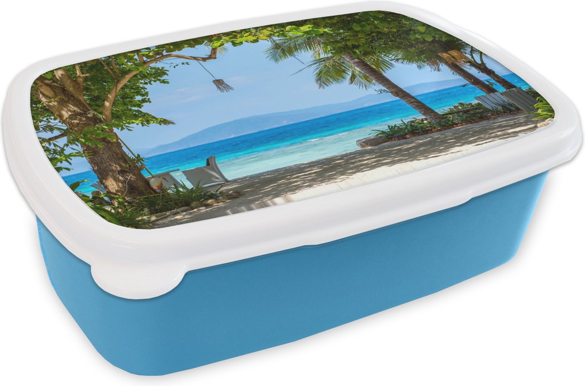 Broodtrommel Blauw - Lunchbox - Brooddoos - Tropisch - Strand - Zee - 18x12x6 cm - Kinderen - Jongen