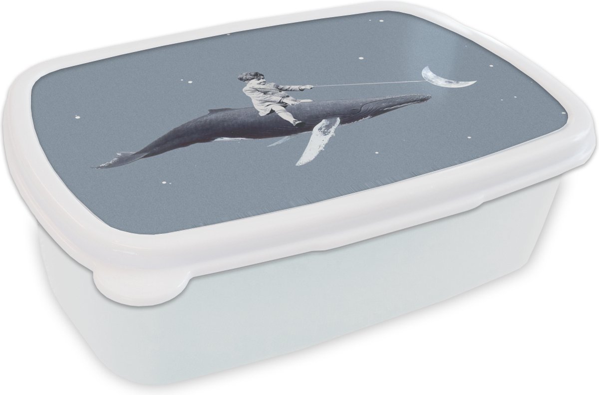 Broodtrommel Wit - Lunchbox - Brooddoos - Ruimte - Jongen - Maan - Walvis - 18x12x6 cm - Volwassenen