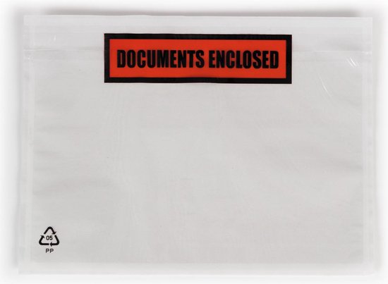 Transparante paklijstenveloppe A6 met rode "DOCUMENTS ENCLOSED"-sticker en PP-recycling symbool.