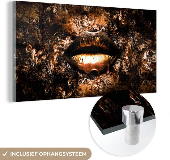 MuchoWow® Glasschilderij 120x60 cm - Schilderij acrylglas - Verf - Lippen - Vrouw - Foto op glas - Schilderijen