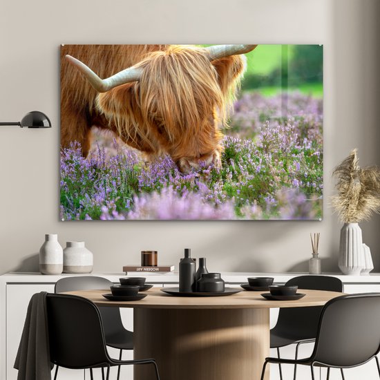 MuchoWow® Peinture sur verre 120x80 cm - Peinture sur verre acrylique - Highlander écossais - Herbe - Bruyère - Animaux - Photo sur verre - Peintures