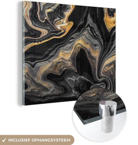 MuchoWow® Glasschilderij 50x50 cm - Schilderij acrylglas - Marmer - Acryl - Goud - Luxe - Abstract - Foto op glas - Schilderijen