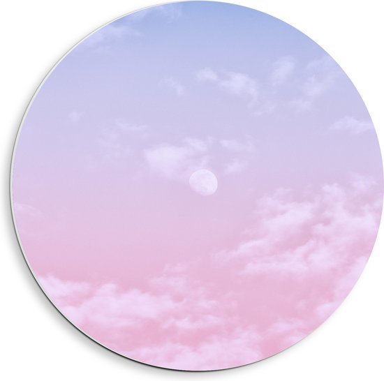 PVC Schuimplaat Muurcirkel - Lucht - Wolken - Maan - Blauw - Roze - 40x40 cm Foto op Muurcirkel (met ophangsysteem)