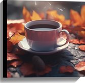 Canvas - Verse Kop Koffie tussen Herfstbladeren - 40x40 cm Foto op Canvas Schilderij (Wanddecoratie op Canvas)