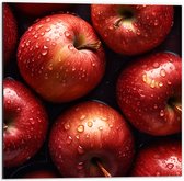 Dibond - Verse Rode Appels onder de Waterdruppels - 50x50 cm Foto op Aluminium (Wanddecoratie van metaal)