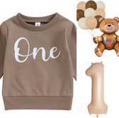 Cakesmash set met sweater bruin met cijfer-, beer- en andere ballonnen - cakesmash - 1 - eerste - verjaardag - ballon - sweater - beer