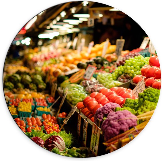 Dibond Muurcirkel - Markt - Eten - Groente - Fruit - Kleuren - 70x70 cm Foto op Aluminium Muurcirkel (met ophangsysteem)