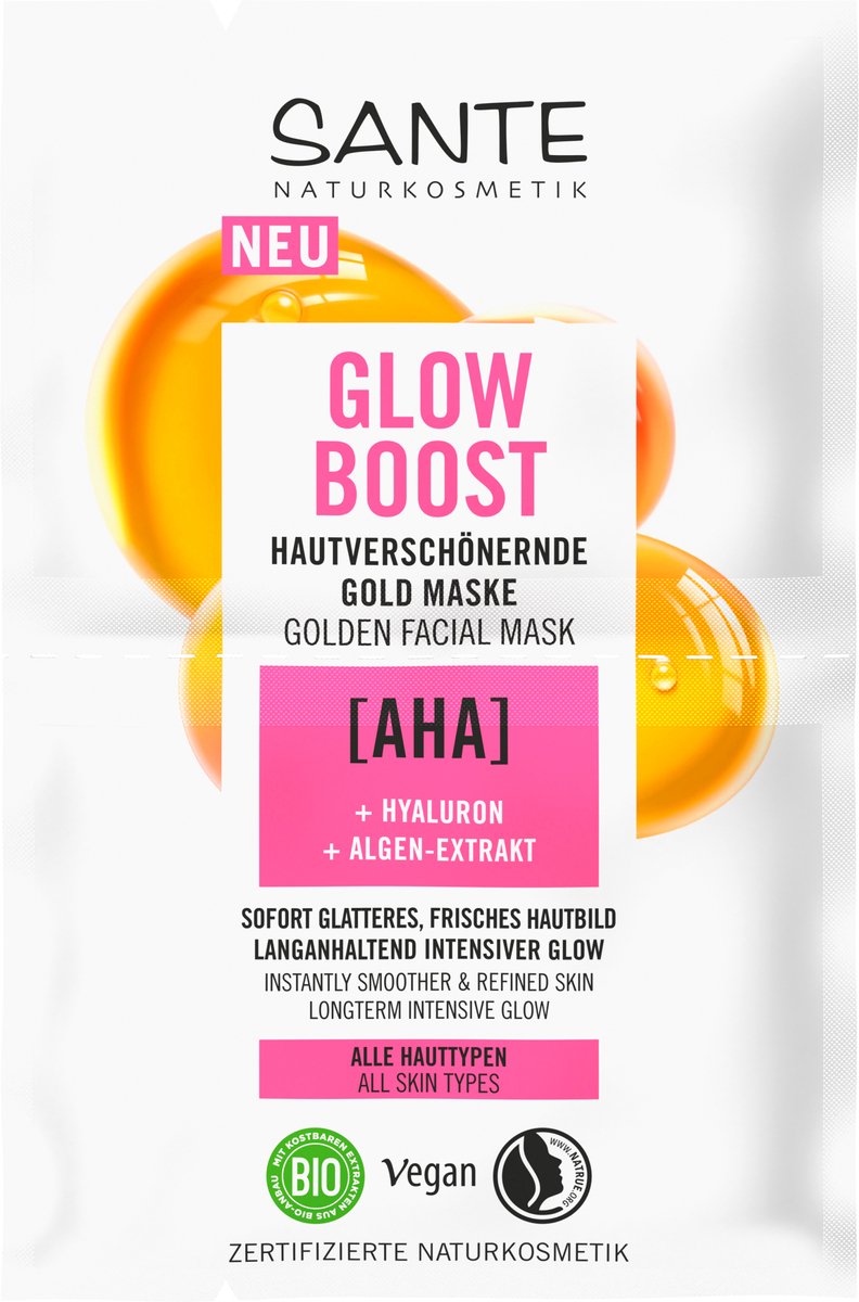 SANTE NATURKOSMETIK Glow Boost Huidverfraaiend Goud gezichtsmasker AHA, Hyaluron & Algenextract, 8 ml
