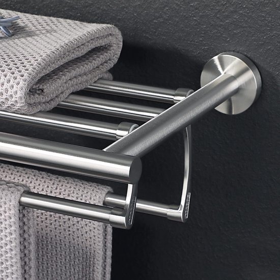 SAYAYO Handdoekhouder met Plank 60 CM Handdoekenrek Wandmontage Handdoekrails Dubbele Staaf Opklapbare Handdoekhouder van Roestvrij Staal SUS304, Geborsteld, EGDL2208-60-LS