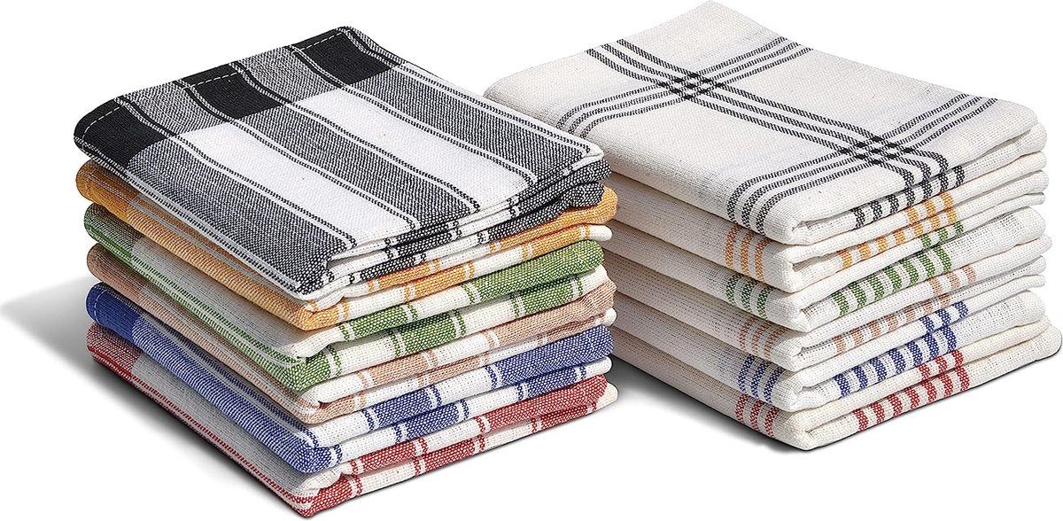 Home Linge Passion | Set van 12 theedoeken | 100% katoen - 50 x 70 cm | Kleurrijk assortiment: Beige - Blauw - Groen - Geel - Rood - Zwart