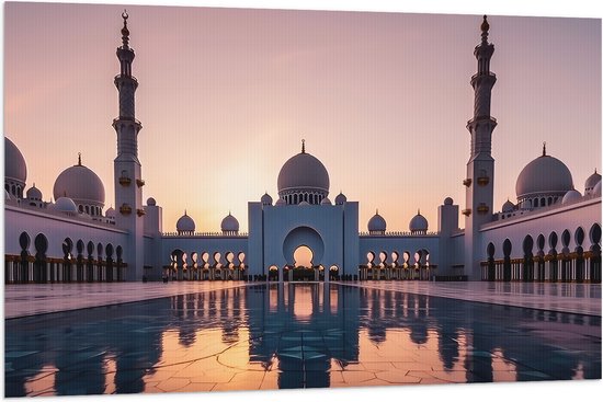 Vlag - Zon Zakkend achter Sjeik Zayed Moskee in Abu Dhabi, Verenigde Arabische Emiraten - 120x80 cm Foto op Polyester Vlag