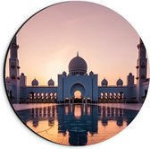 Dibond Muurcirkel - Zon Zakkend achter Sjeik Zayed Moskee in Abu Dhabi, Verenigde Arabische Emiraten - 20x20 cm Foto op Aluminium Muurcirkel (met ophangsysteem)