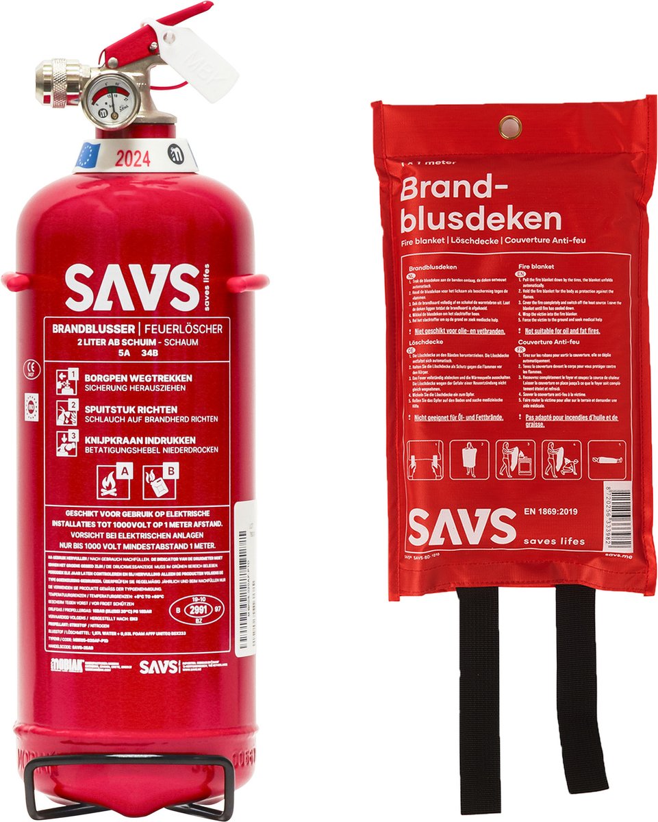 SAVS Brandblus box - Schuim Middel - Brandblusser schuim 2 liter & Blusdeken 100x100cm - Blusrating 5A 34B - Met montagebeugel & ophangoog - Schuimblusser & Branddeken voor o.a. thuis & bedrijf