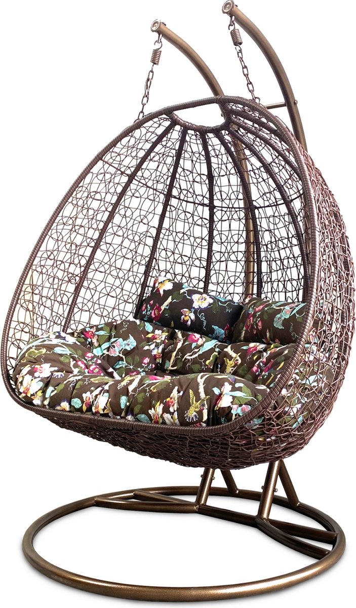 Rijoka Hangstoel Dubbel Eggy Twisted Schommelstoel – Bruin Rattan - 2persoons - Bloem Kussen