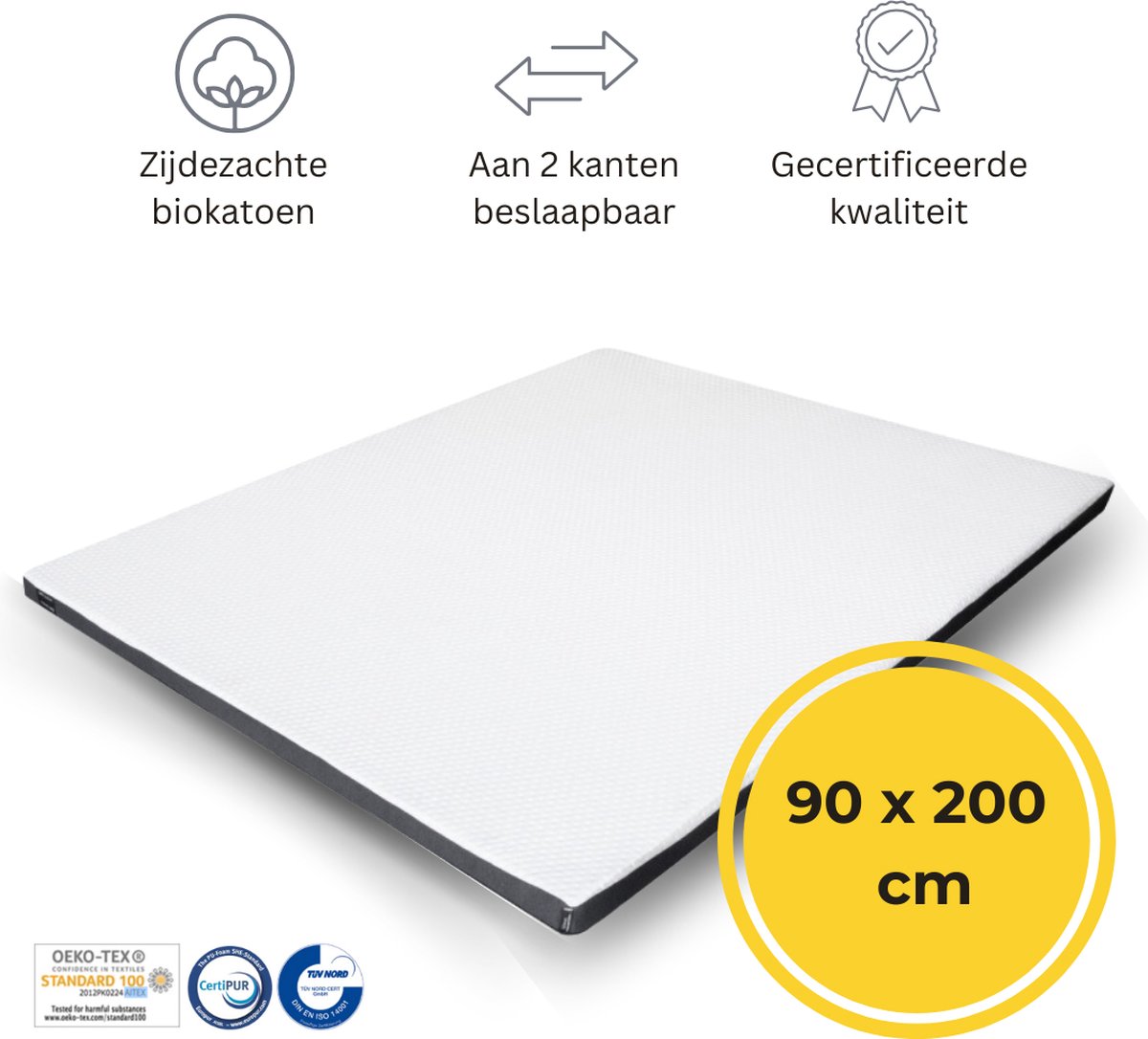 Felman® Premium Hybrid Topdekmatras - 90 x 200 cm - Ergonomisch - Organisch Biokatoen - 7 cm dik