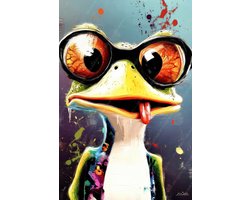 JJ-Art (Canvas) 90x60 | Grappige kikker met bril, humor, bolle ogen, kleurrijk, portret, kunst | dier, bruin, geel, groen, blauw, modern | Foto-Schilderij canvas print (wanddecoratie)
