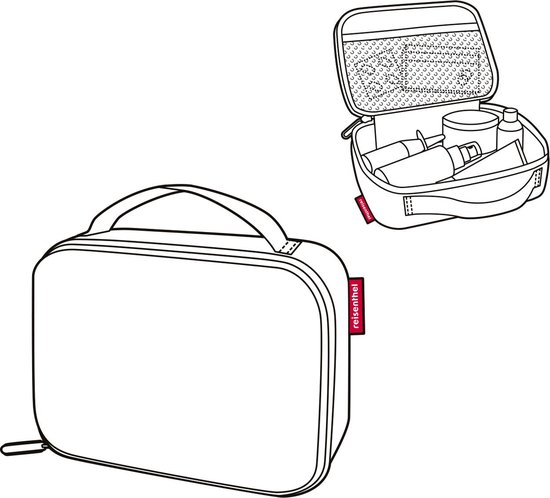 Schematische weergave van een witte lunchbox en een open tas met toiletartikelen.
