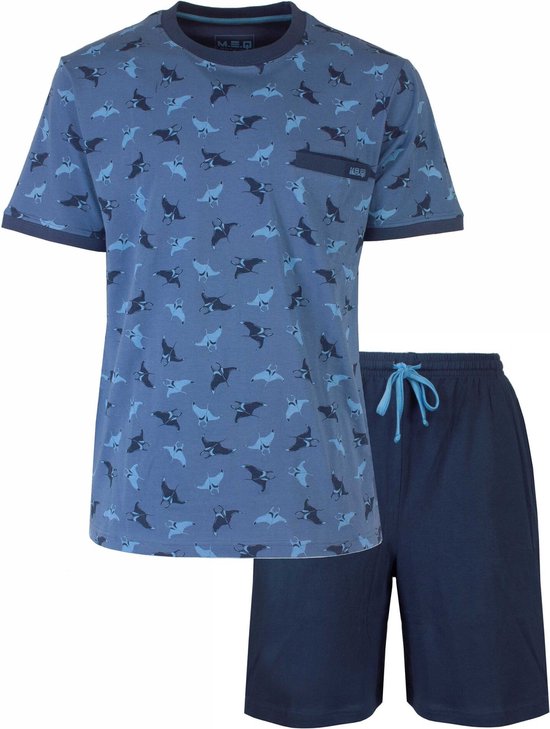 MEQ Heren Shortama - Geprint Dessin - Ronde Hals - Licht Blauw - Maat L