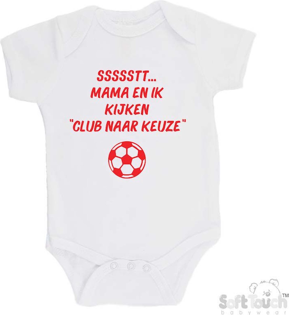 Soft Touch Romper Gepersonaliseerd Voetbal Club naar Keuze "ssssstt Mama en ik kijken ...." Unisex Katoen Wit/rood Maat 56/62