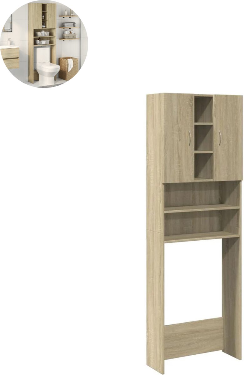 Wasmachine ombouw - Kast - Opbouwmeubel - Verhoger - Wasmachine meubel - Opbergkast - Hout - 64x25,5x190 cm - Sonoma Eiken