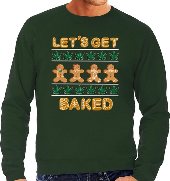 Bellatio Decorations Foute Kersttrui/sweater voor heren - Lets get baked - wiet - ginger bread - groen L