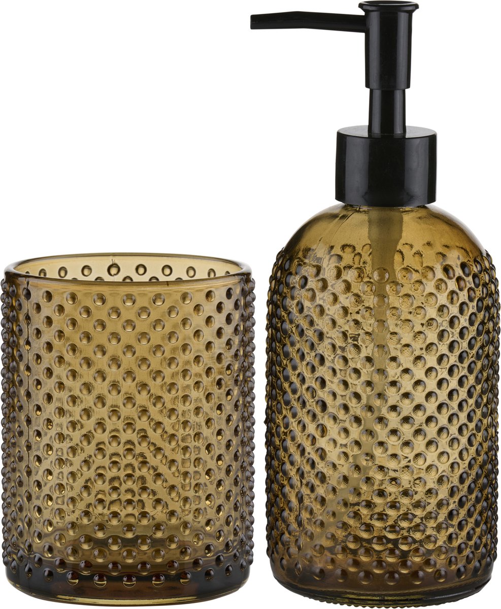 Arti Casa Zeeppompje/dispenser - incl. extra drinkglas - okergeel - glas - 15 x 19 x 8 cm - zeeppomp en beker