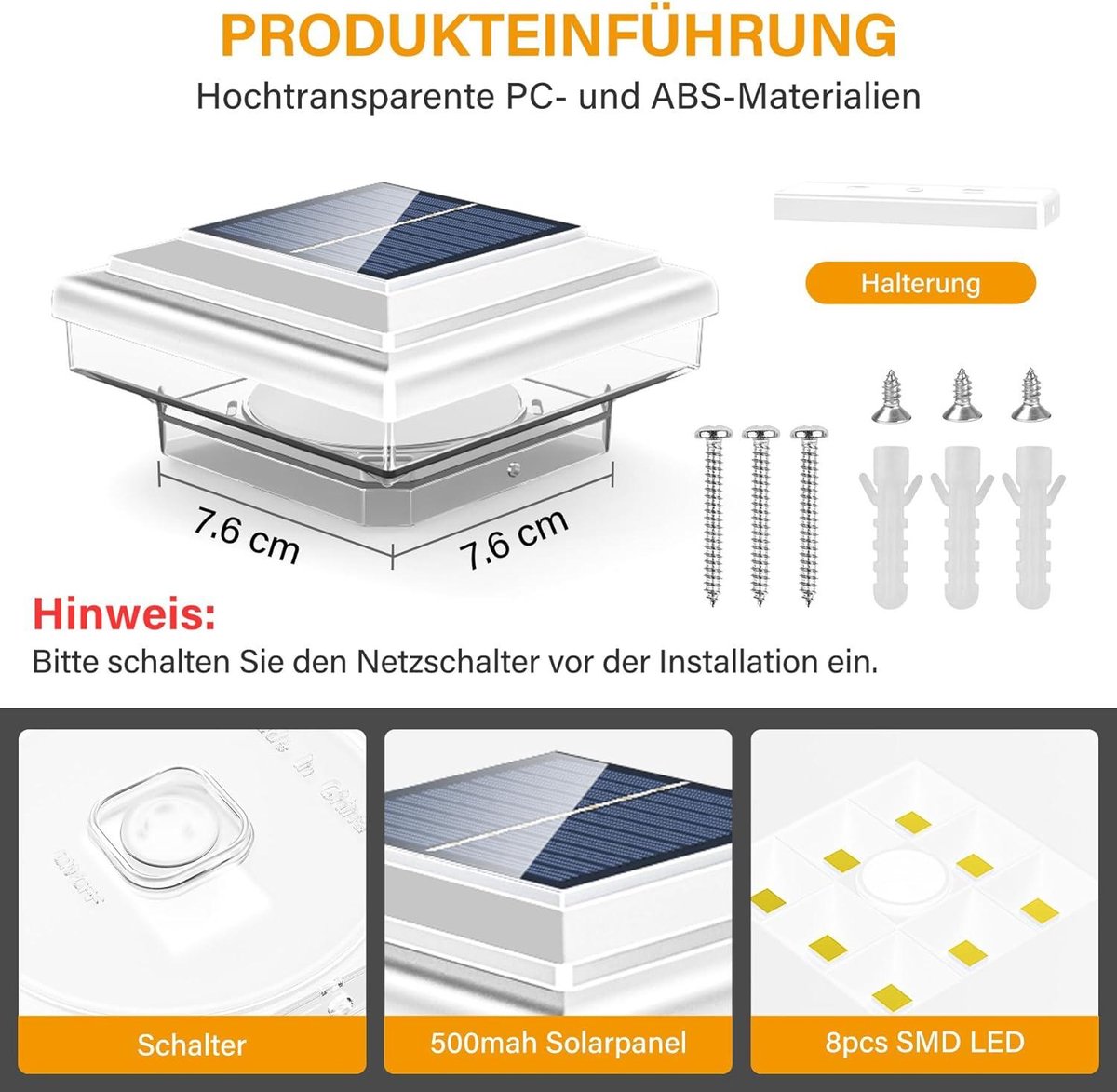 HEITIGN Tuinlamp op zonne-energie, paalkap op zonne-energie, IP65 waterdichte tuinwandlampen, zonnezuil, koplamp, landschap, post-cap lamp voor tuin, zitzak, binnenplaats, paviljoen, straten, muur, wit licht