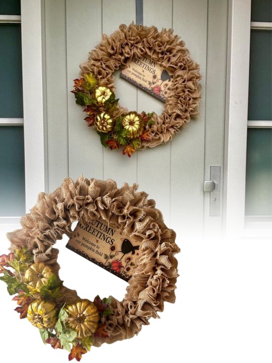 Herfst Krans Voordeur, Herfst Krans Garland Rotan Frame met Pompoen, Bessen, Dennenappel en Esdoorn Bladeren Halloween Thanksgiving Herfst Vakantie Decoraties (Schip uit UK