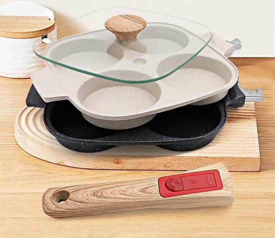 RYITGO Spiegeleipan met deksel, 4 kopjes anti-aanbak-pannenkoekenpan, eierpannen met deksel, pannenkoekenpan van aluminium, gedeelde ontbijtkoker, geschikt voor gasfornuis en inductiekookgerei