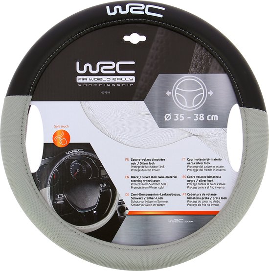 Stuurhoes in verpakking, zwart/grijs, met 'WRC'-logo en informatie voor stuurmaat 35-38 cm.