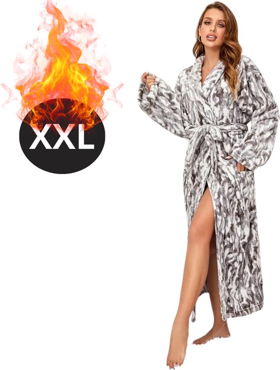 Nivard Badjas Dames - Fleece - Katoen - Badstof - Sauna - Hamam - Wafel - Bathrobe - Duster - Ochtendjas - Spa - Kimono - Wit Zwart XXL