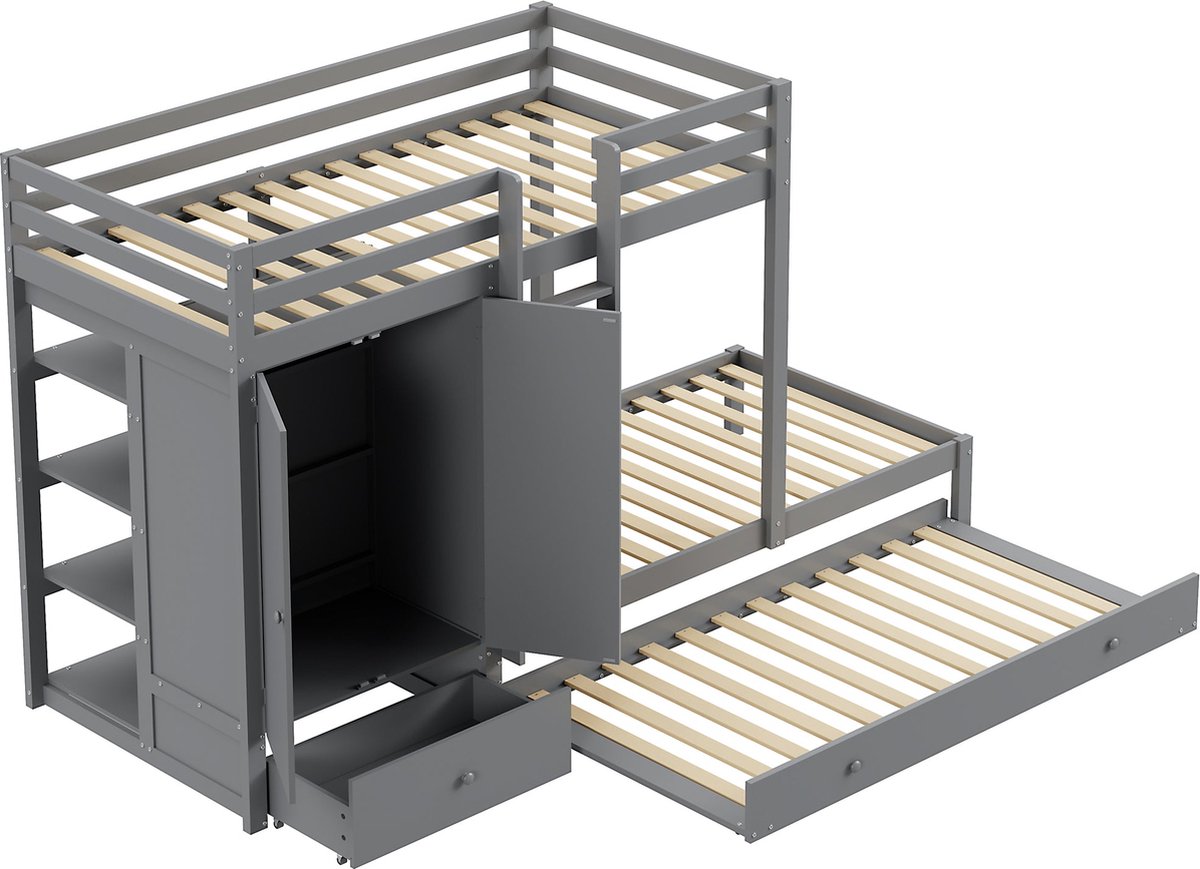 Merax Stapelbed 90x200 cm voor 3 Personen - Bed met Kledingkast en Opberglades - Hoogslaper Kinderbed met Uitschuifbaar Bed 90x190 cm - Grijs