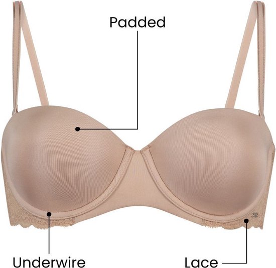 Beige voorgevormde bh met kant aan de onderkant, met etiket 'Padded' en 'Underwire'.