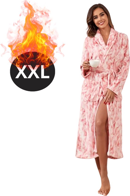 Nivard Badjas Dames - Fleece - Katoen - Badstof - Sauna - Hamam - Wafel - Bathrobe - Duster - Ochtendjas - Spa - Kimono - Roze XXL