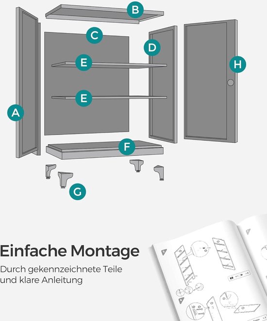 Montage-instructies voor een grijze kast met genummerde onderdelen A-H.
