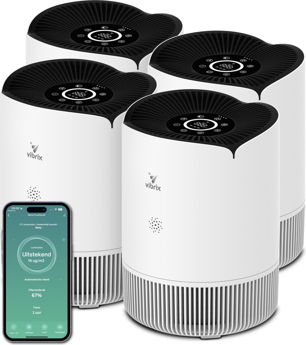 4 X Vibrix PureFlow30 luchtreiniger - Tot wel 50 m² - Automatische stand + 6-in-1 filtersysteem - Luchtkwaliteitsindicator - Ionisator - Luchtfilter - Air purifier met HEPA-filter
