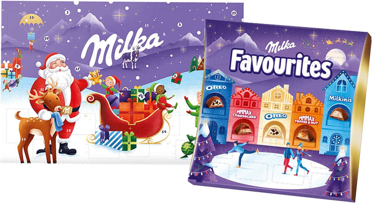 Milka chocolade adventskalender bundel - Milka Adventskalender (200g) + Milka Favourites adventskalender (206g) - 6 smaken - tel feestelijk af tot Kerst - 406g
